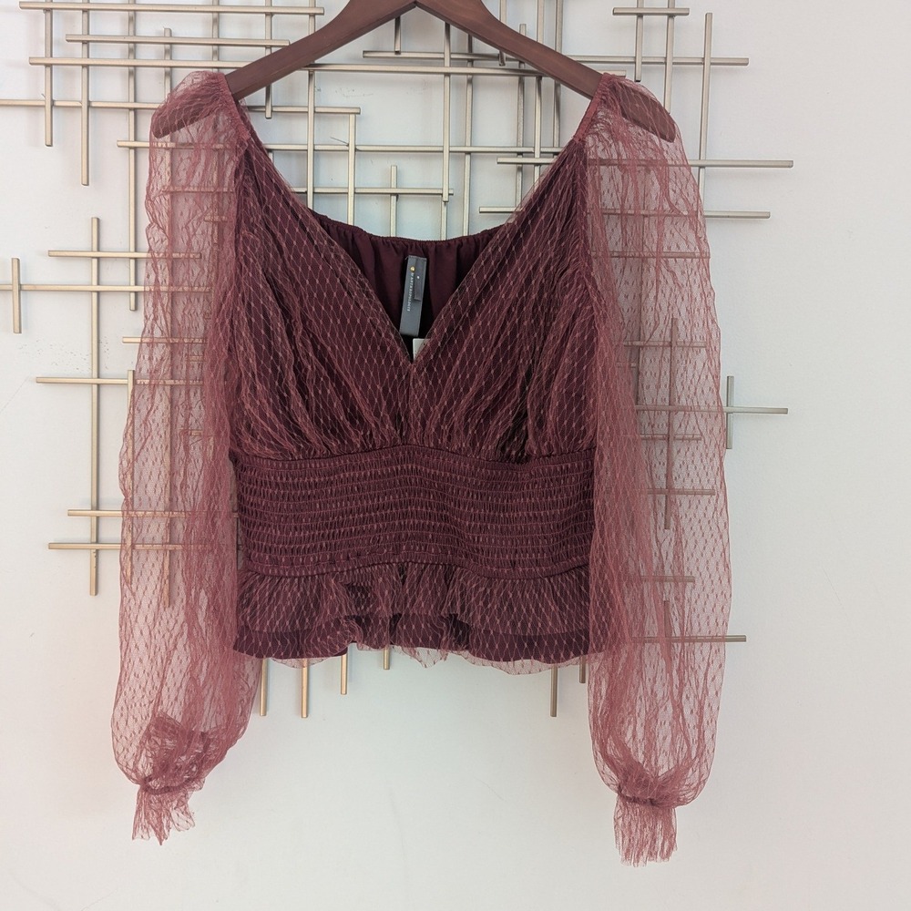 Anthropologie Mauve Mesh Long-Sleeve Smocked Blouse